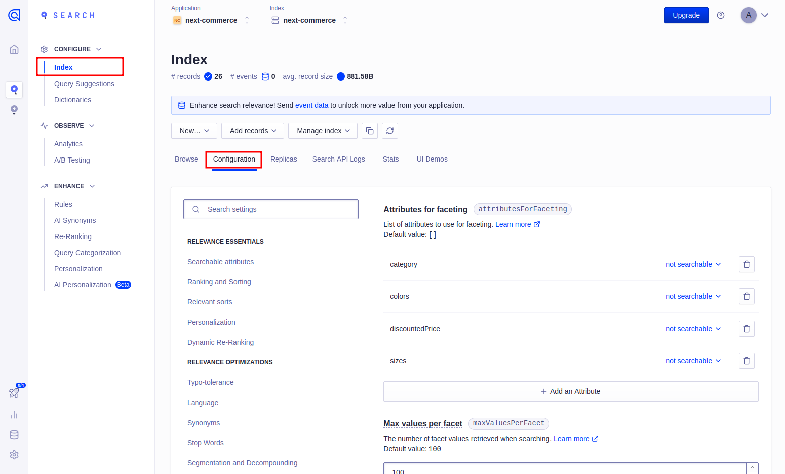 algolia facets configure